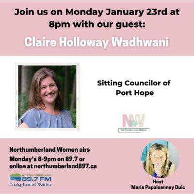 I am excited to have our next guest on the show!It was during the last election that the name Claire Holloway Wadhwani or as she is know online porthopeclaire  came across my radar! 

As a newly elected councilor for the municipalityofporthope , she brought with her over 20 years of experience in supporting non-profit projects with in Canada and internationally, she is able to bring that experience to support local residents in her community!

Local politics was a natural next step in her career, as she has channeled her passion for community building and sustainability as an active volunteer locally, including as a founding organizer with Port Hope for Future, founding Board member with the Port Hope Education Network, founding Board member with Save our Trees Port Hope, current Board member with Community Power Northumberland, and an as an active member of the Green Wood Coalition community, among other local causes. 

We have so much to talk about with Claire! Make sure you mark your calendar for Monday January 23rd at 8pm. 

Then on Monday night, grab your favourite beverage, find a comfy spot in the house and tune in to northumberland897ca

www.northumberland897.ca

womenradio
womeninpower 
porthopepolitics
womenpoliticians 
femalehealthcare 
womeninpolitics 
northumberlandwomen
porthope
cobourg
northumberlandcounty
womenbusiness 
trenthills
womeninpower
womenleadingwomen 
northumberlandradio