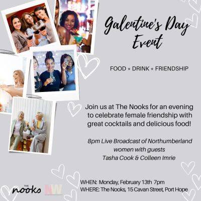 Have you heard about galentinesdayYou might just be wondering what is Galentines Day?

Galentine's Day is a day to celebrate the beauty of female friendship and the bond that women share. The holiday was popularized by the television show Parks and Recreation, in which the character Leslie Knope celebrates Galentine's Day with her female friends.

Well this year, this holiday, that is all about celebrating friendships, is coming to Port Hope! thenookscanada is the place to be on February 13th! 

Head over to the Nooks at 15 Cavan street in Port Hope 

Chef Seb will have some delicious shareable available, which can be all washed down with a signature cocktail created exclusively for the occasion. 

At 8 pm, Maria Papaioannoy Duic will hit the airwaves live for Northumberland Women. Guest will include business maven Colleen Imrie ( xoxonookiegirl )  and Social media influencer Tasha Cook (tashcook_ 

Also can shop the 50+ female nookies (aka vendors) that call the Nooks home. This is an excellent opportunity to support female makers from Northumberland and beyond.

Tag a friend to let them know about this event! 

event details and updates in link in bio
See you all on the 13th 

xoxo Maria 
northumberland89.7fm 

northumberlandevents northumberlandradio cobourg porthope women love womenfriendships sisterhood nightout ladiesnightout brighton womensupportingwomen celebratefriendship bff bffnightout